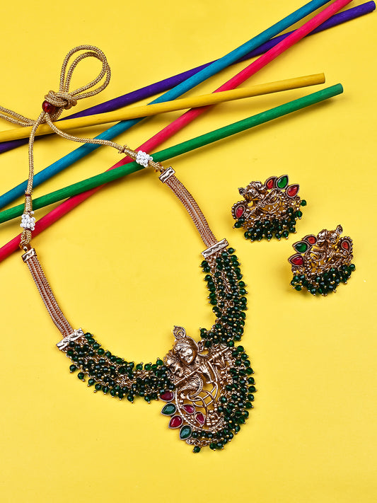 Luxurious Temple Radha Krishna Green Hydra Necklace Set