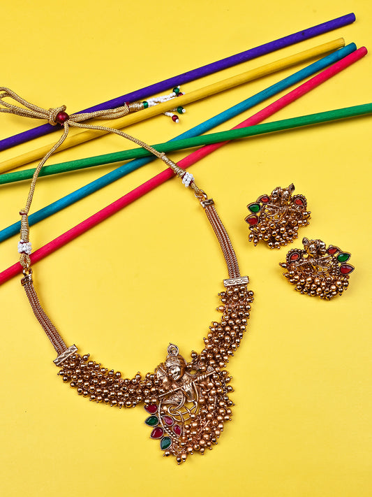 Luxurious Temple Radha Krishna Gold Hydra Necklace Set