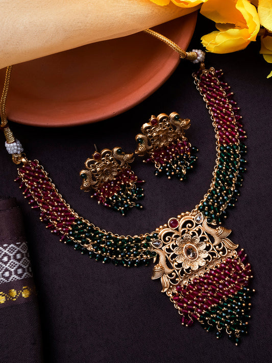 Exquisite Gold-Plated Temple Hydra Beads Necklace Set - A divine blend of tradition and elegance. Elevate your style with this stunning piece from SileAdda.