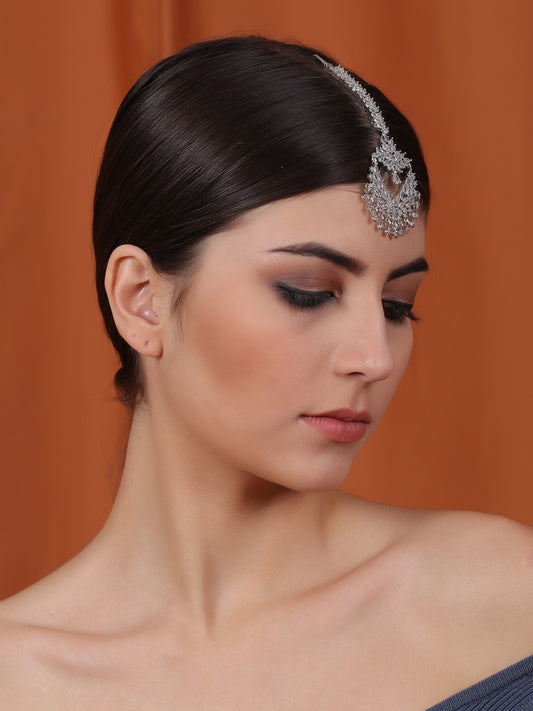 Unique Silver AD CZ Studded Chandbali Style Maangtika | Perfect Wedding Hair Accessory