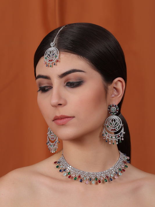 Handcrafted Silver Plated Multicolor CZ AD Studded Bridal Necklace Set With Danglers and Maangtika
