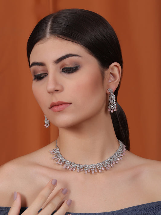 Sleek Elegant Silver Plated Pink AD Studded Designer Necklace Set | Shop Now