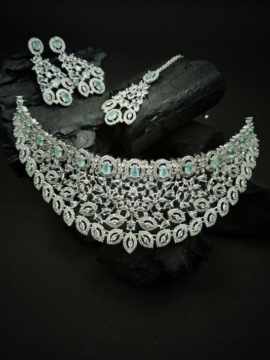 Silver Plated Turquoise Cubic Zirconia Bridal Necklace Set | Exquisite Wedding Jewellery Set