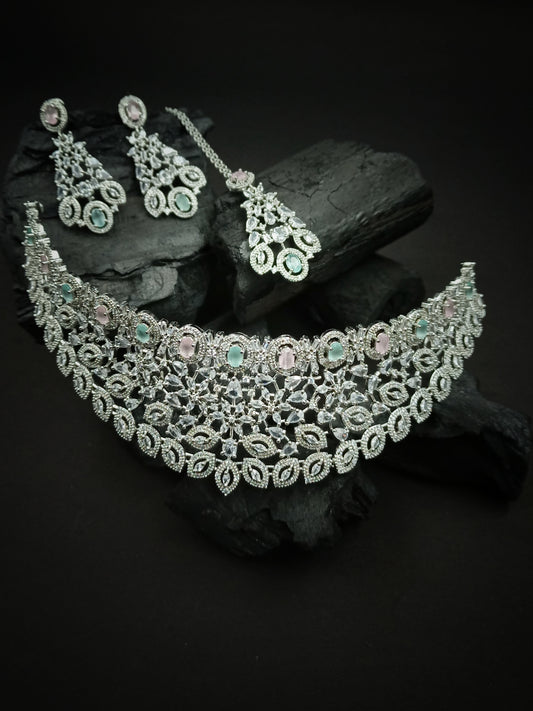 Silver Plated Multicolor Cubic Zirconia Bridal Necklace Set | Exquisite Wedding Jewellery Set
