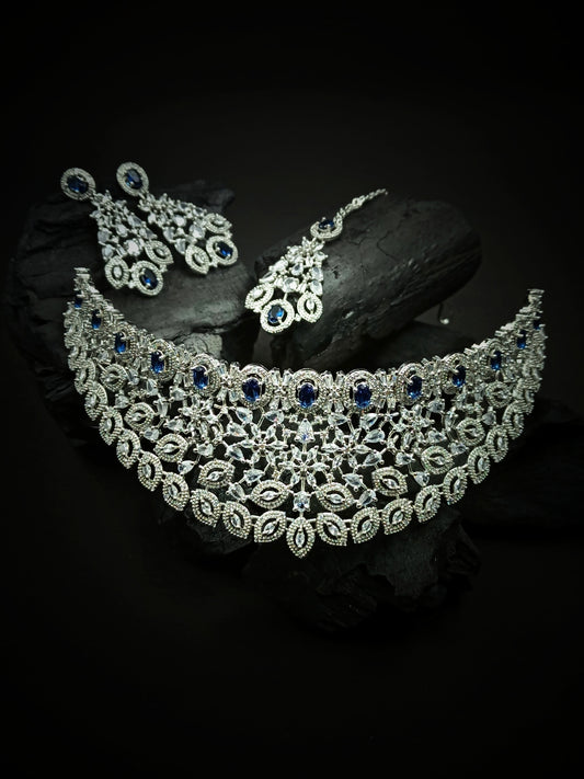 Silver Plated Blue Cubic Zirconia Bridal Necklace Set | Exquisite Wedding Jewellery Set
