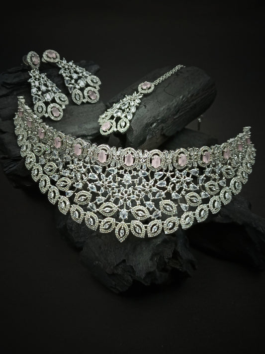 Silver Plated Pink Cubic Zirconia Bridal Necklace Set | Exquisite Wedding Jewellery Set