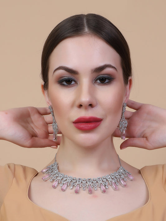Sparkling Pink AD Necklace and Long Earrings Set