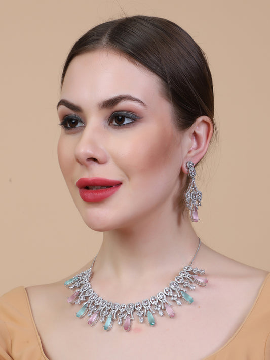 Sparkling Multicolor AD Necklace and Long Earrings Set