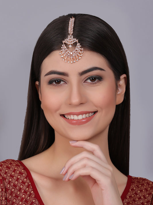Unique Rose Gold AD CZ Studded Chandbali Style Maangtika | Perfect Wedding Hair Accessory