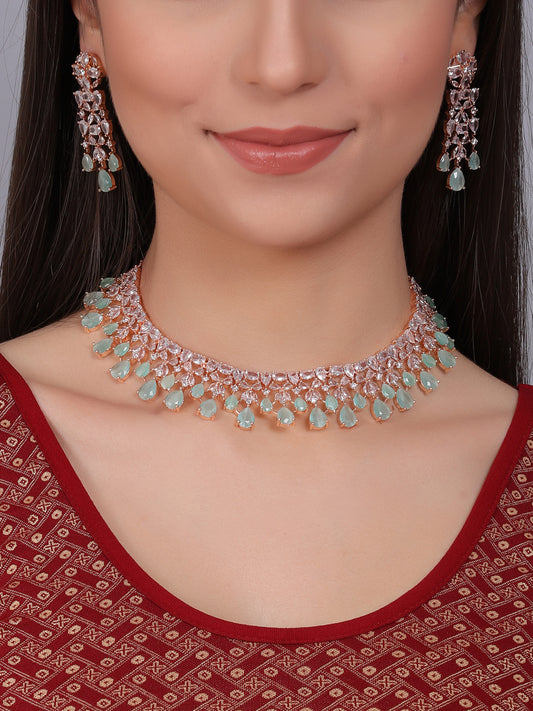 Elegant Rose Gold Plated Turquoise Cubic Zirconia Party Wear Handcrafted Necklace Set