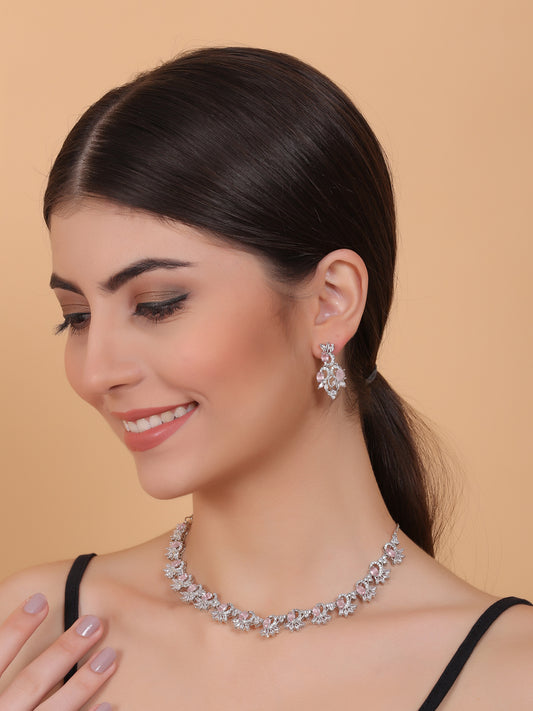 Elegant Pink American Diamond Sleek Necklace Set
