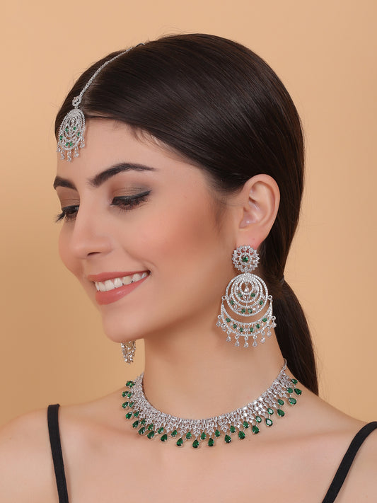Handcrafted Silver Plated Green CZ AD Studded Bridal Necklace With Danglers and Maangtika