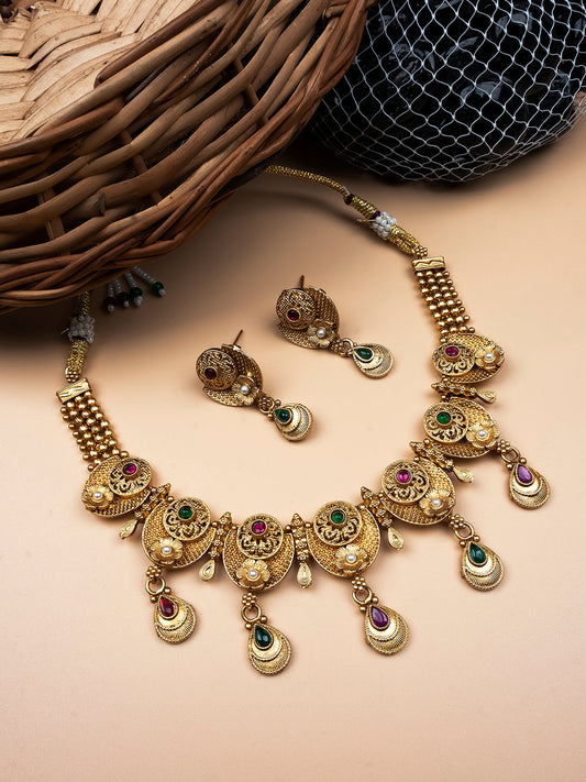 Gold Plated Kempu Hydra Rajwadi Necklace Set - Intricately designed necklace with Kempu stones, reflecting traditional Indian charm.