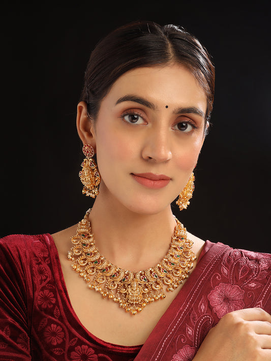 Gold Plated Mahalakshmi Necklace set with Gold Droplet Beads