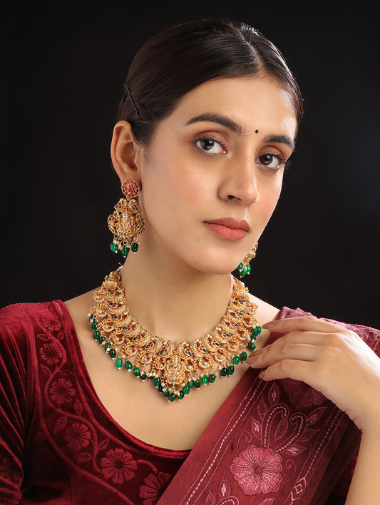 Gold Plated Mahalakshmi Necklace set with Green Droplet Beads