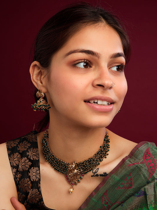 Divine Gold Plated Radha-Krishna Green Hydra Beads Necklace Set