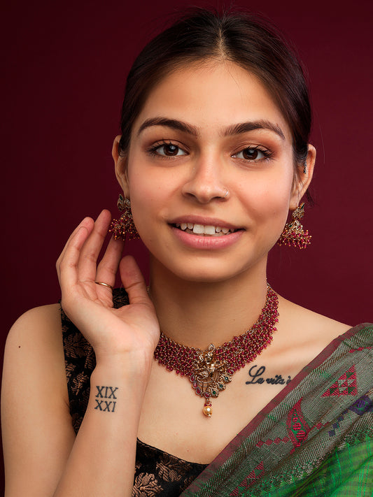 Divine Gold Plated Radha-Krishna Red Hydra Beads Necklace Set