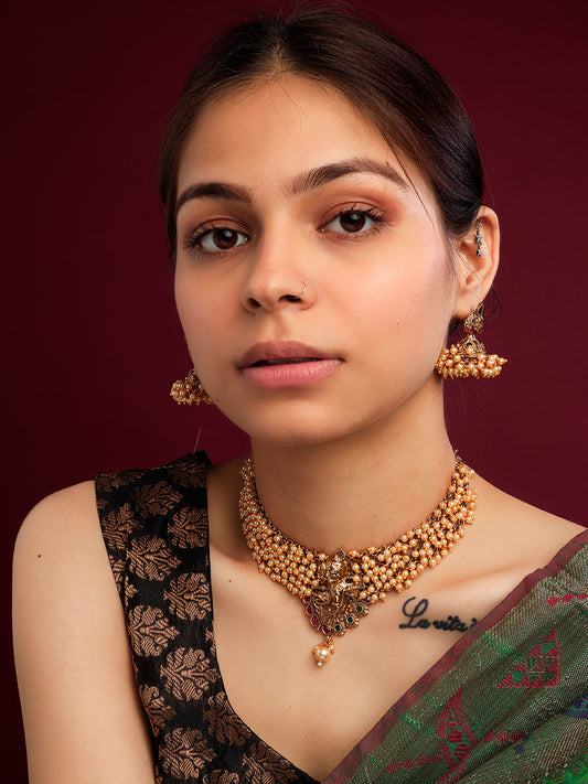Divine Gold Plated Radha-Krishna White Hydra Beads Necklace Set