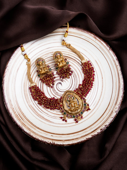 Exquisite Red Hydra Beads Laxmi Temple Necklace Set