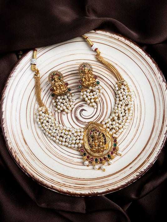 Exquisite White Hydra Beads laxmi Temple Necklace Set