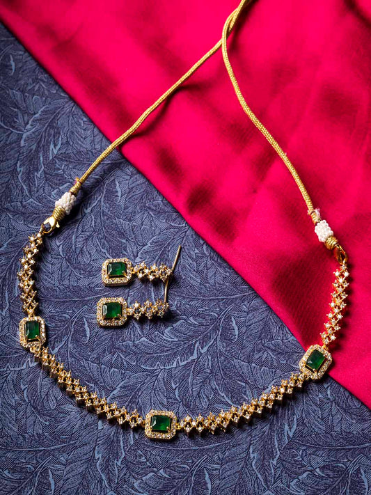 Exquisite Gold Plated Green Designer AD Necklace Set | Trendy Jewelry