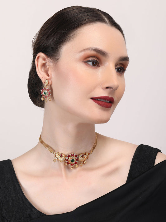 Unique Gold Plated Kemp Studded Peacock Choker Set