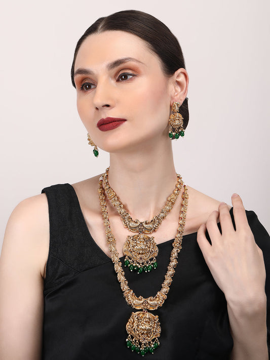 Gold Plated Temple Green Beads Combo Jewelry Set