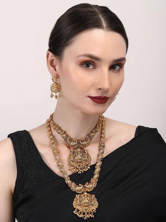 Gold Plated Temple Golden Beads Combo Jewelry Set