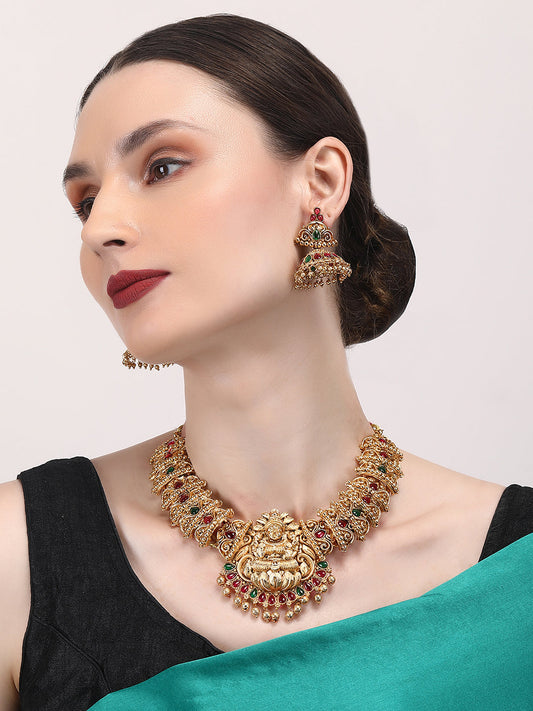 Luxurious Ruby Green Stone Temple Goddess Necklace Set