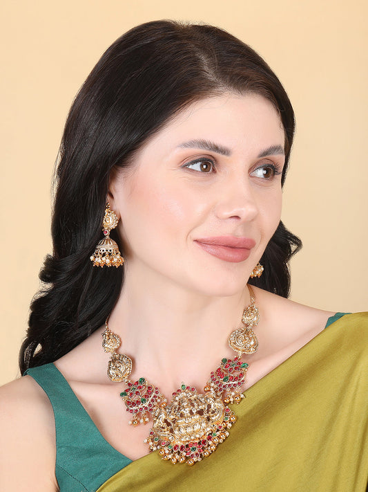 Gold Plated Green Beads Lakshmi Pendant Necklace Set
