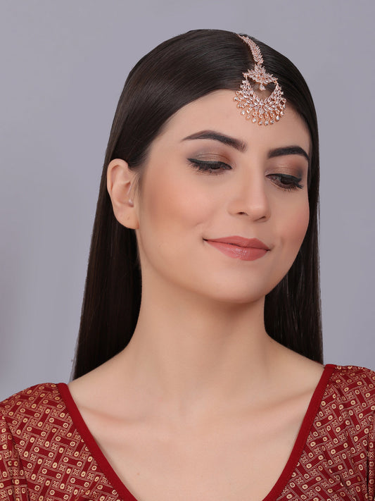 Unique Rose Gold AD CZ Studded Chandbali Style Maangtika | Perfect Wedding Hair Accessory