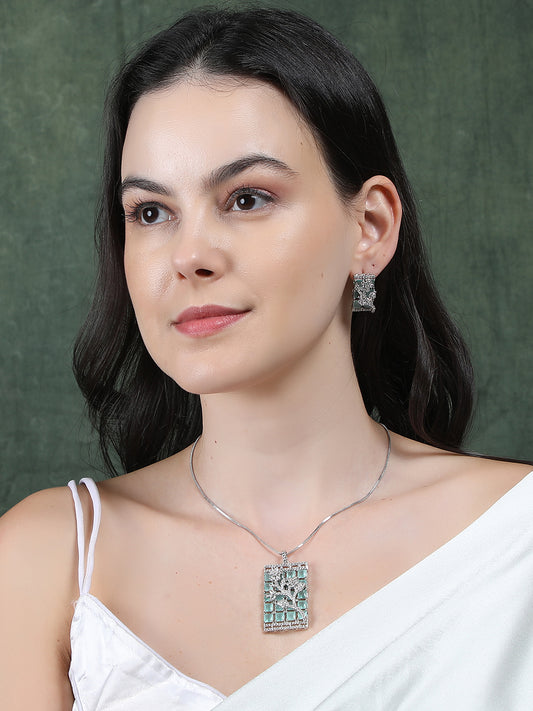 Luxurious Turquoise AD Square Pendant Earrings With Studs