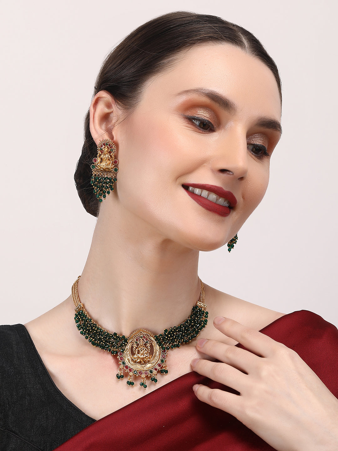 Exquisite Gold-Plated Temple Hydra Beads Necklace Set - A divine blend of tradition and elegance. Elevate your style with this stunning piece from SileAdda.