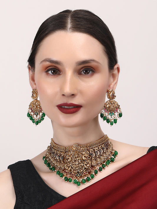 Matte Finish Lakshmi Choker With Green Beads