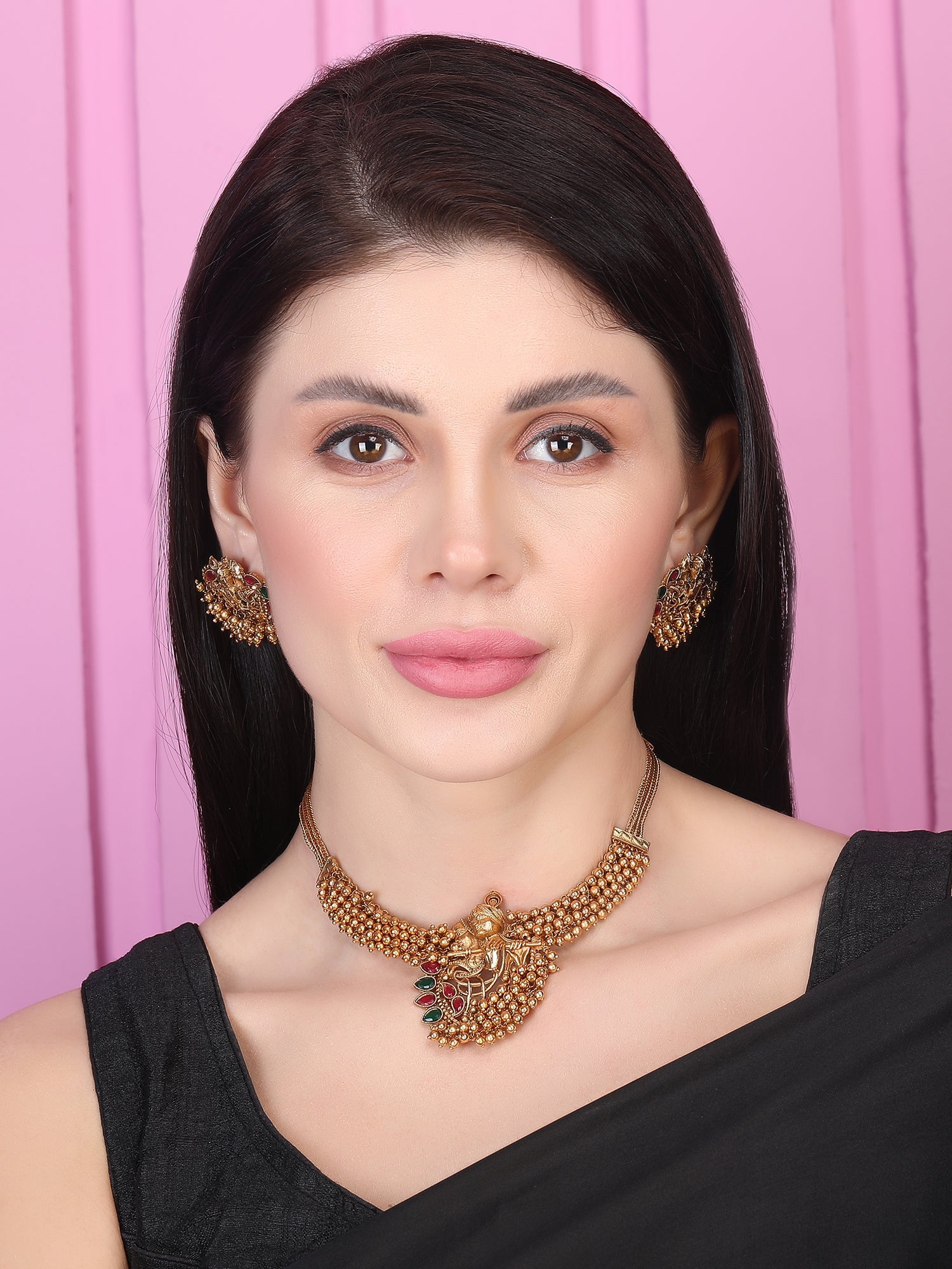 Exquisite Gold-Plated Temple Hydra Beads Necklace Set - A divine blend of tradition and elegance. Elevate your style with this stunning piece from SileAdda.