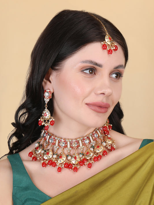 Enamel Coated Red Pearls Beaded Kundan Choker Set