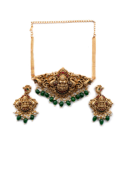 Classic Gold Plated Green Beads Lakshmi Temple Choker Set