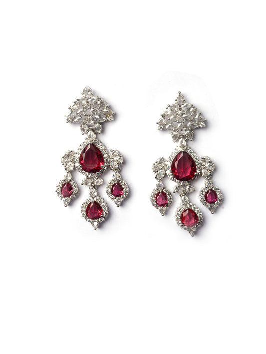 Silver-Plated Luxurious AD Red Waterfall Earrings