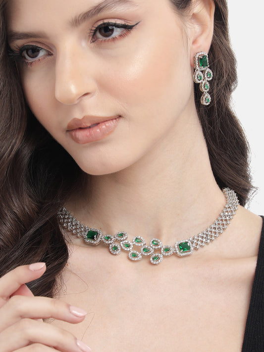 Green AD Studded Leaf Necklace Set