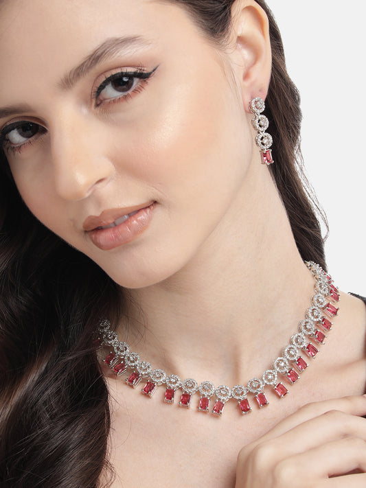 Silver Plated Red Square AD Necklace Set