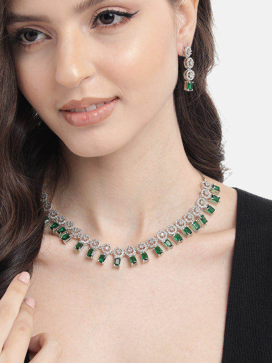 Silver Plated Green Square AD Necklace Set