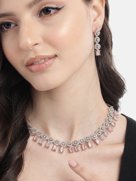 Silver Plated Pink Square AD Necklace Set