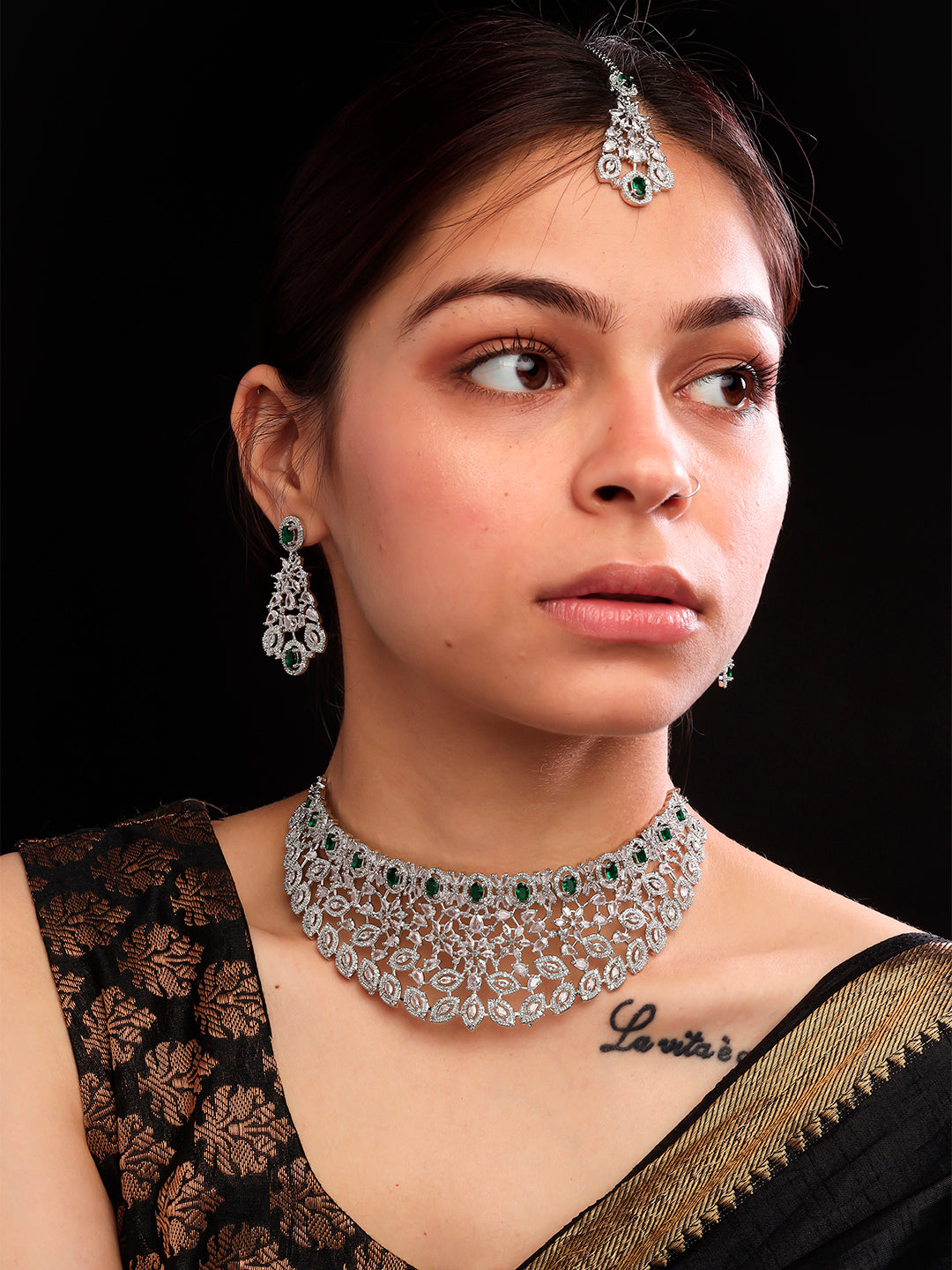 Silver Plated Cubic Zirconia Bridal Necklace with Earrings and Maangtika | Exquisite Wedding Jewelry Set