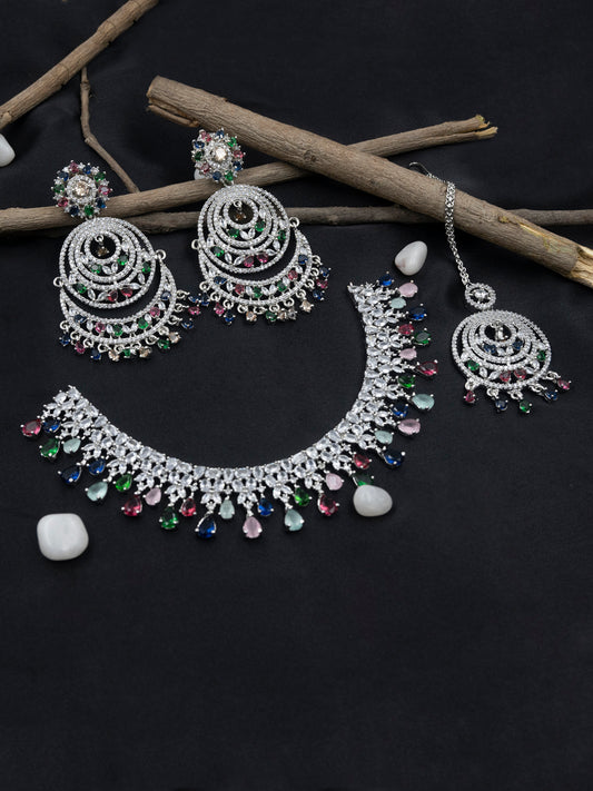 Handcrafted Silver Plated Multicolor CZ AD Studded Bridal Necklace Set With Danglers and Maangtika