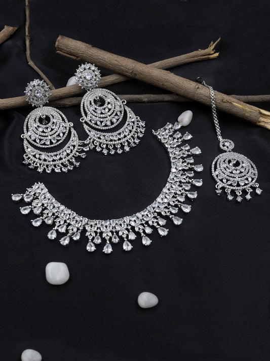 Handcrafted Silver Plated White CZ AD Studded Bridal Necklace Set With Danglers and Maangtika