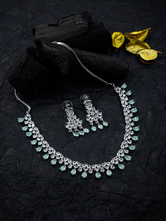 Vintage Inspired Sleek Silver Plated Turquoise Cubic Zirconia Statement Necklace Set