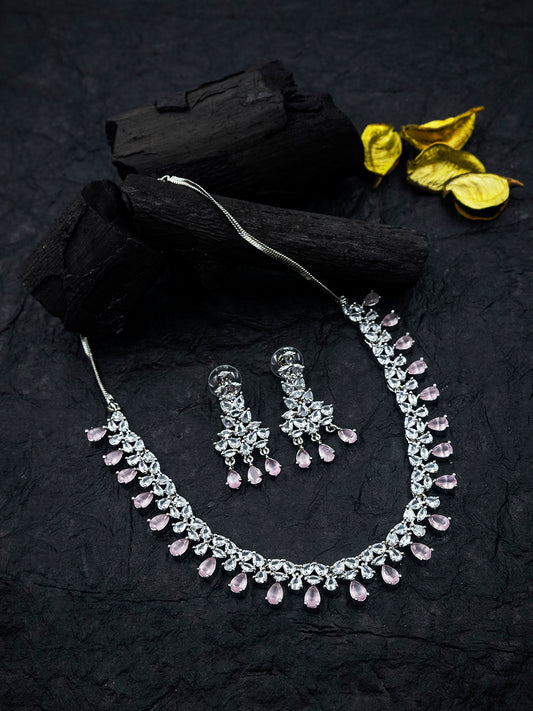 Vintage Inspired Sleek Silver Plated Pink Cubic Zirconia Statement Necklace Set