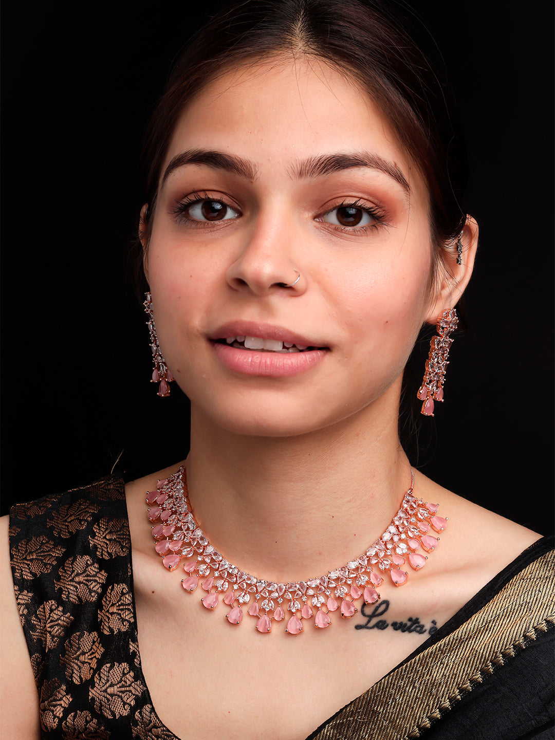 Rose Gold Plated AD and CZ Studded Flower Motif Bridal Necklace Set