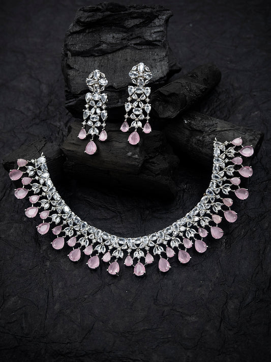 Silver Plated Pink AD and CZ Studded Flower Motif Bridal Necklace Set