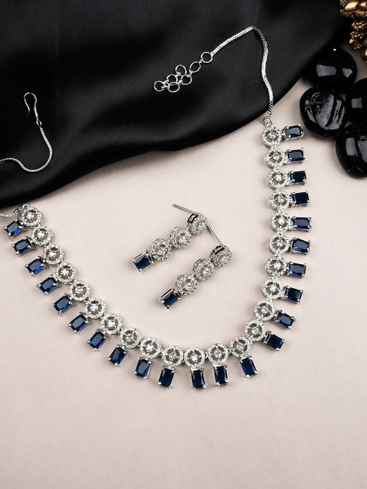 Silver Plated Blue Square AD Necklace Set